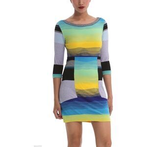 DESIGUAL Blue Yellow Bright Abstract Bodycon Half Sleeve Mini Dress Size XS